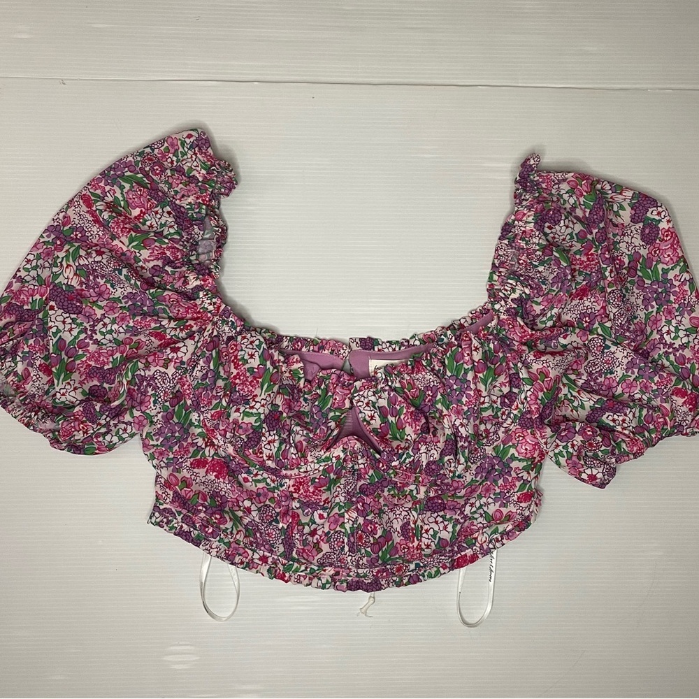 For Love & Lemons Katarina Blouse Size Small Cropped Puff Sleeve Floral Pink
